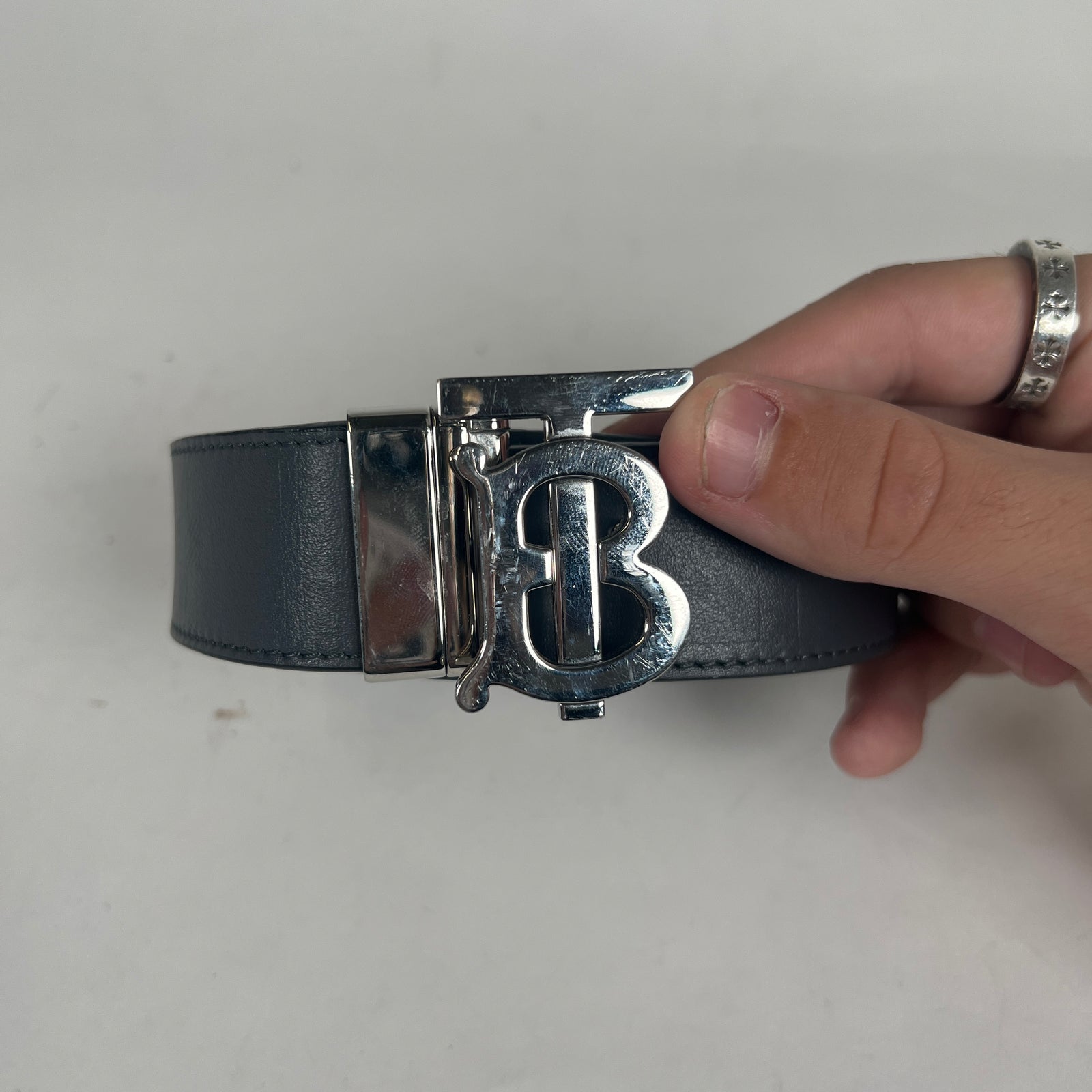 Burberry Grey Reversible Monogram Motif Belt Sz 100