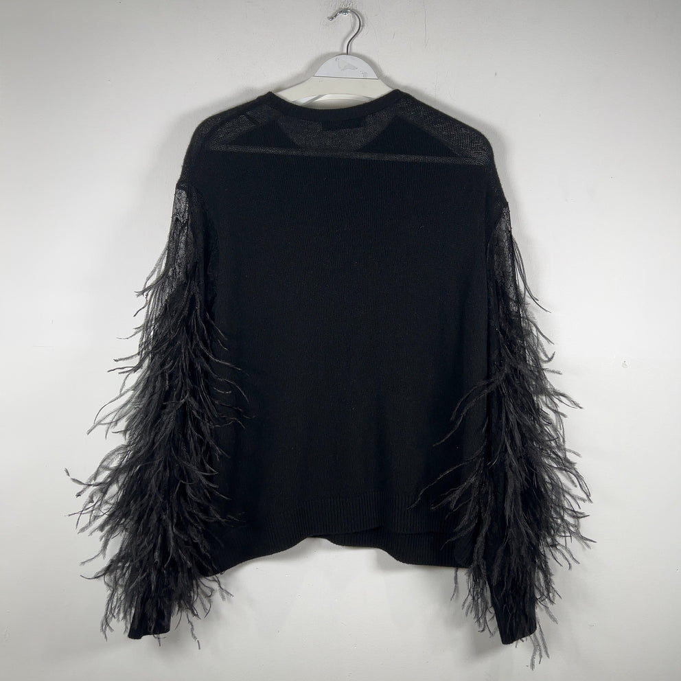 Valentino Black Cashmere Knit Feather Sleeved Crewneck Size L