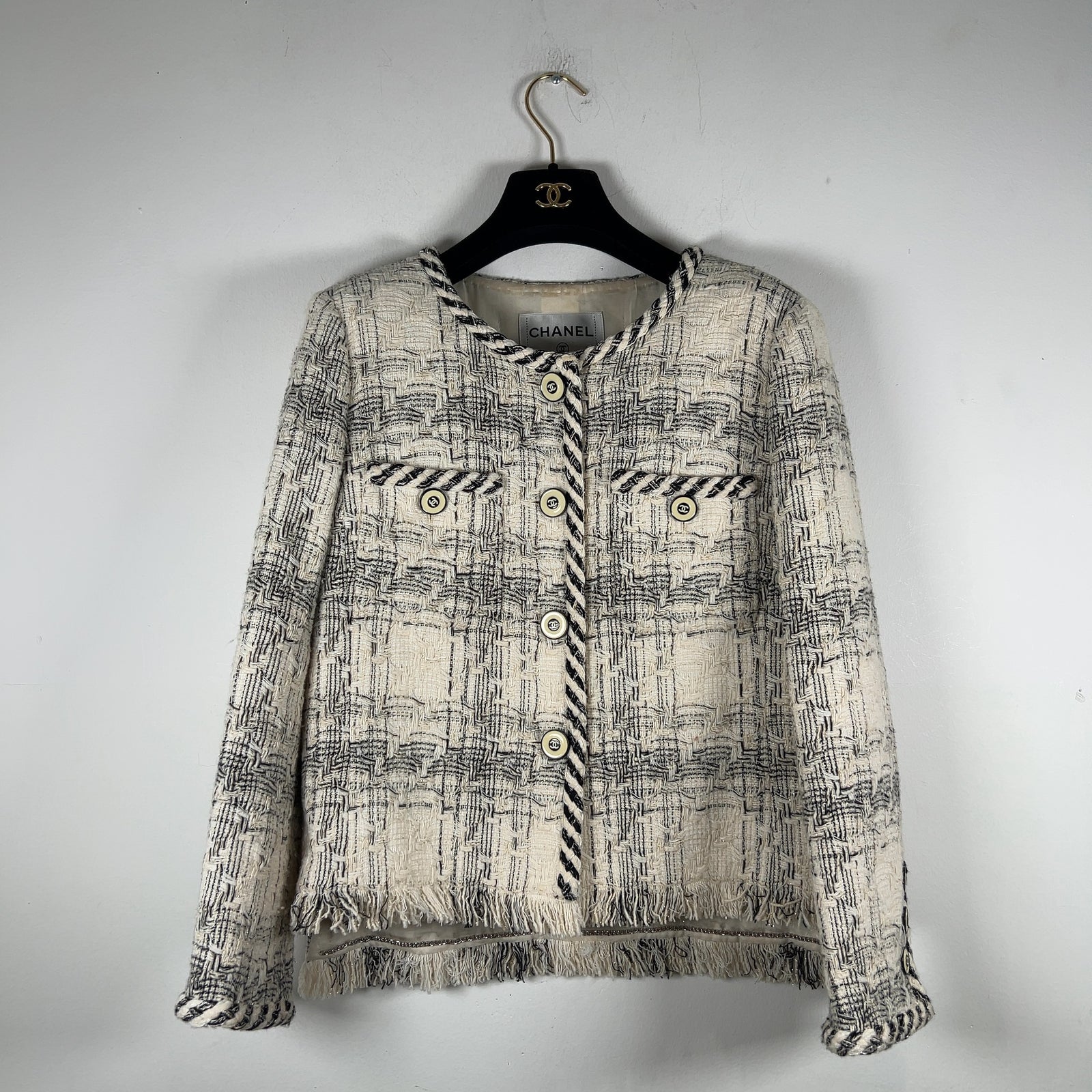 Chanel Printemps SS18 Braided Trim Ecru Tweed White/Black Size 40
