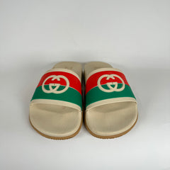 Gucci Beige Interlocking GG Stripe Slides Size 39