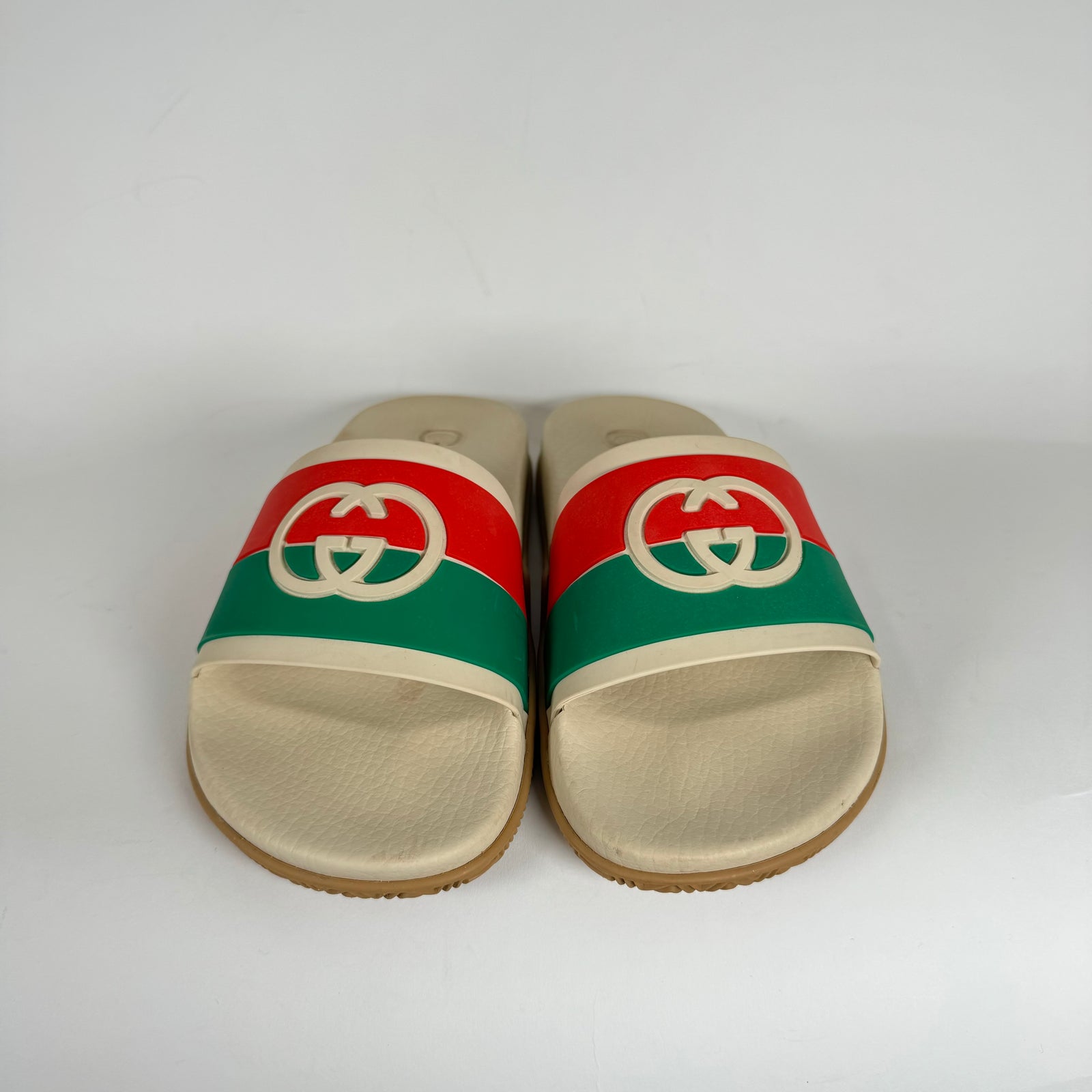 Gucci Beige Interlocking GG Stripe Slides Size 39