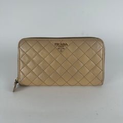Prada Beige Saffiano Quilted Zip Around Wallet