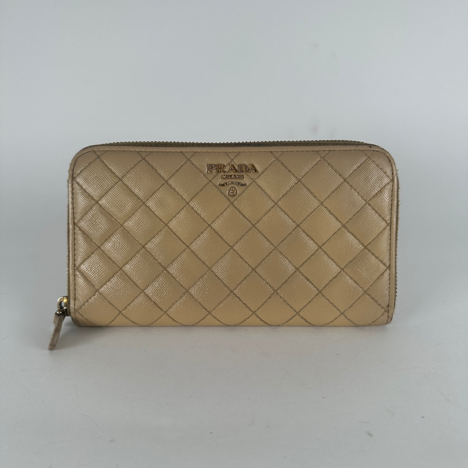 Prada Beige Saffiano Quilted Zip Around Wallet