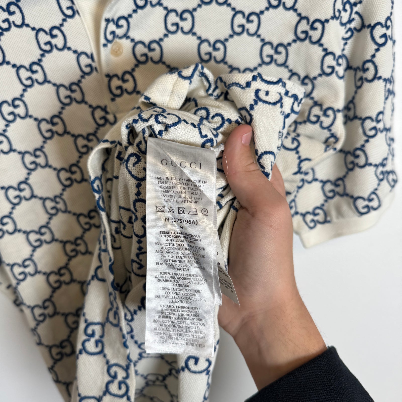 Gucci Cream/Blue Embroidered GG Stretch Cotton Polo Size M