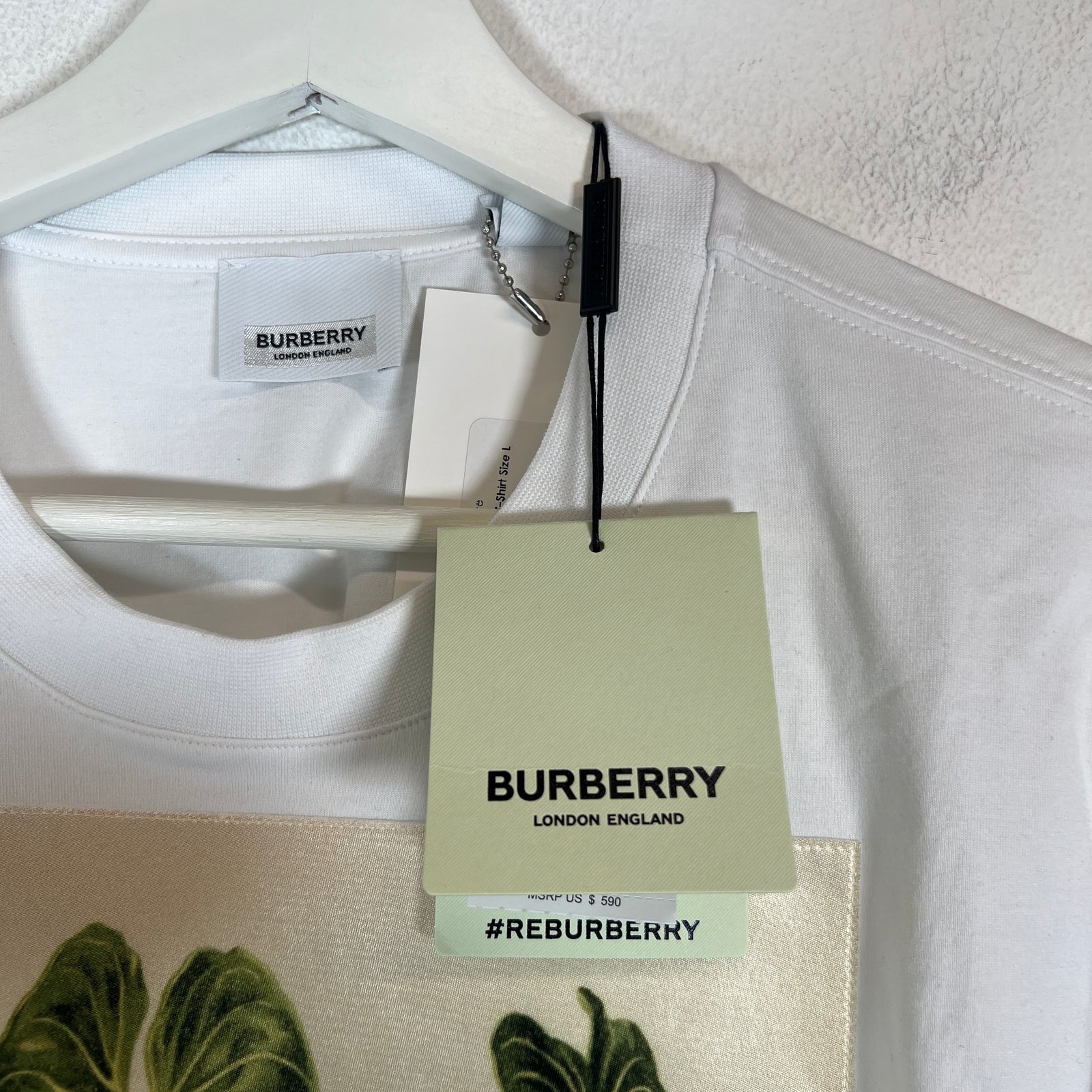 Burberry White Plant Logo T-Shirt Size L