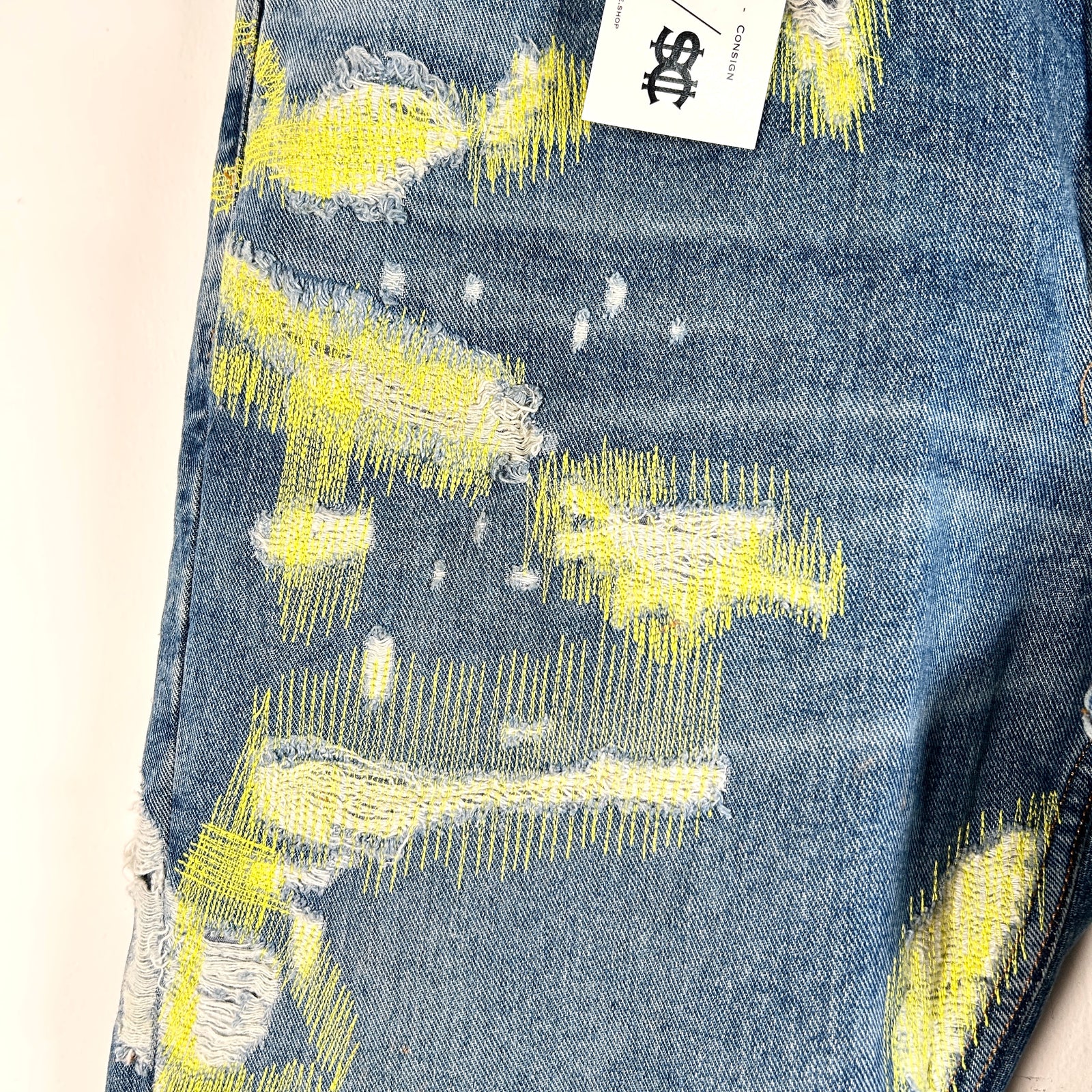 Endless Denim Distressed Scar Stitch Yellow Embroidery Jeans Size 40