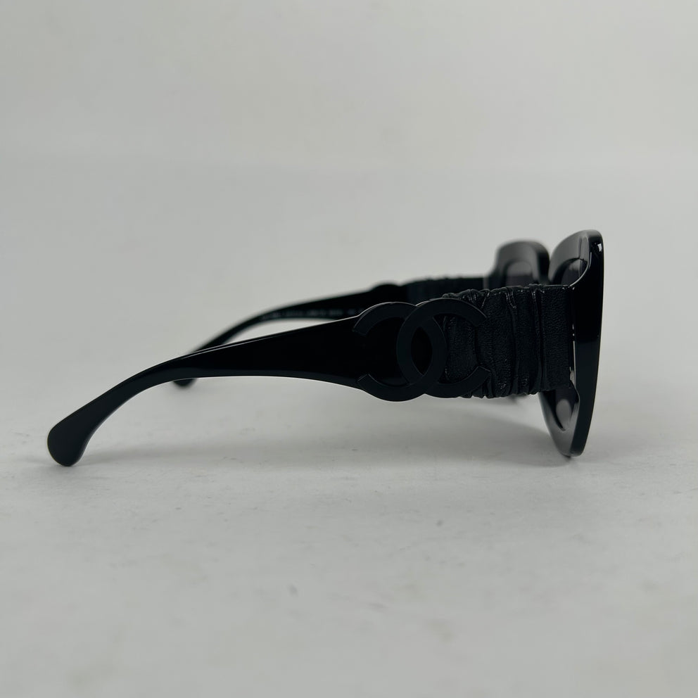 Chanel Black Acetate Calfskin Polarized Square Sunglasses