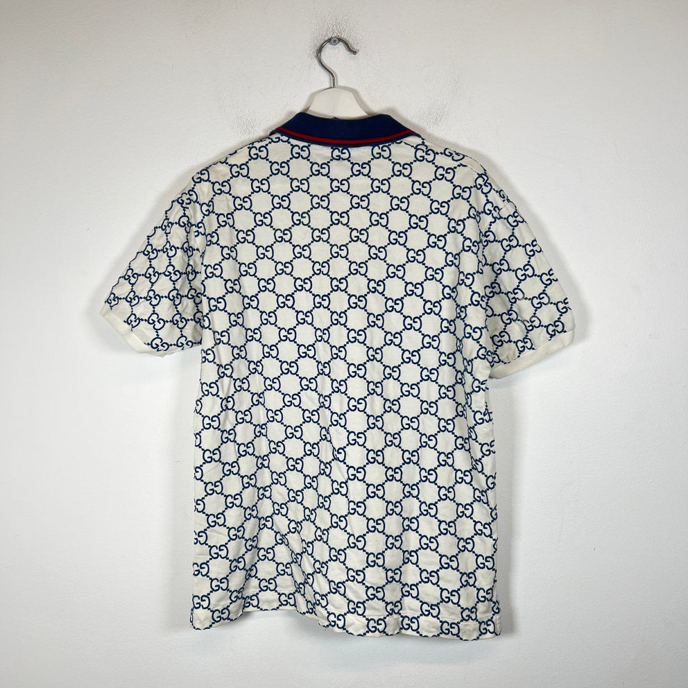 Gucci White/Blue Embroidered GG Polo Size L