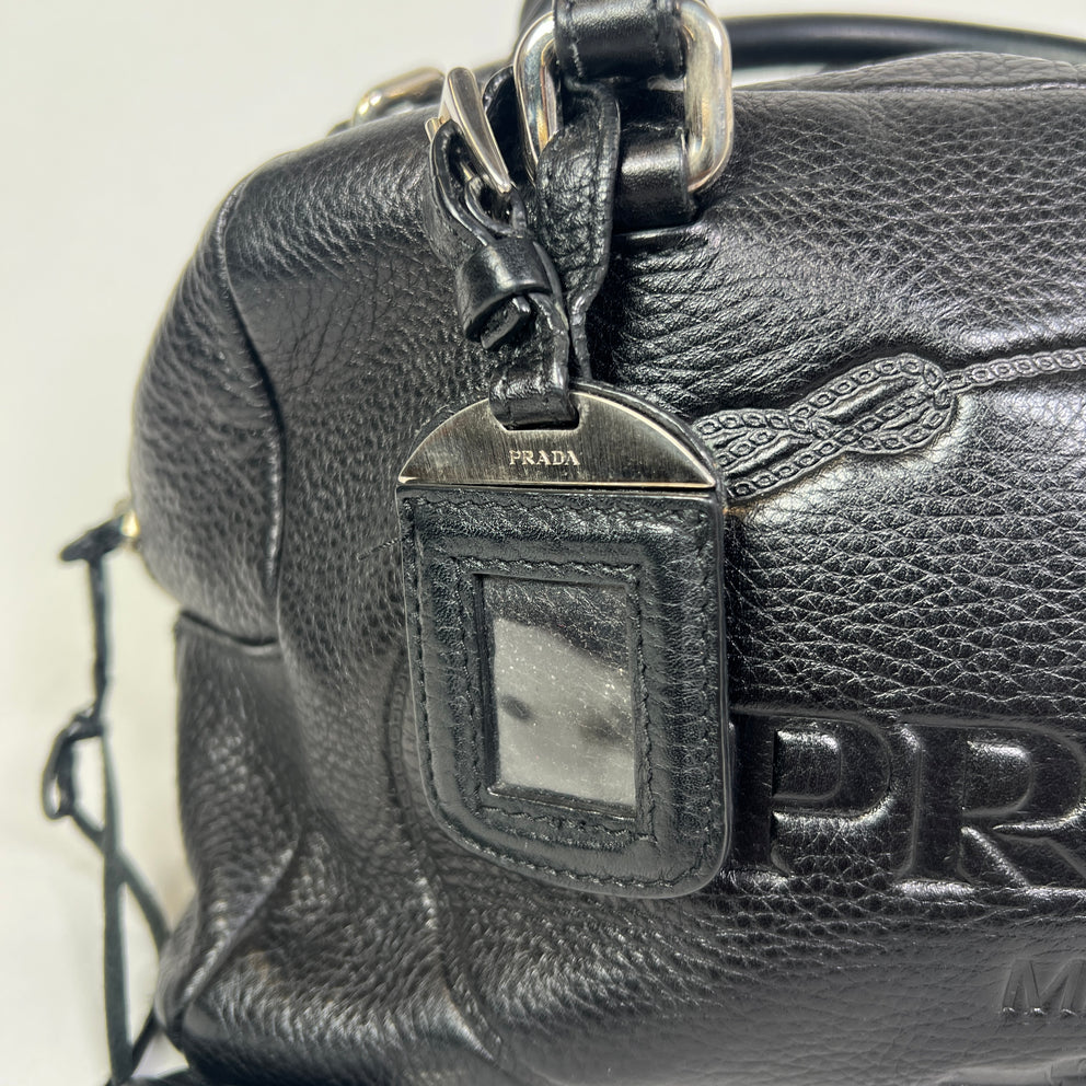 Prada Vintage Pebbled Leather Embossed Bauletto Bag