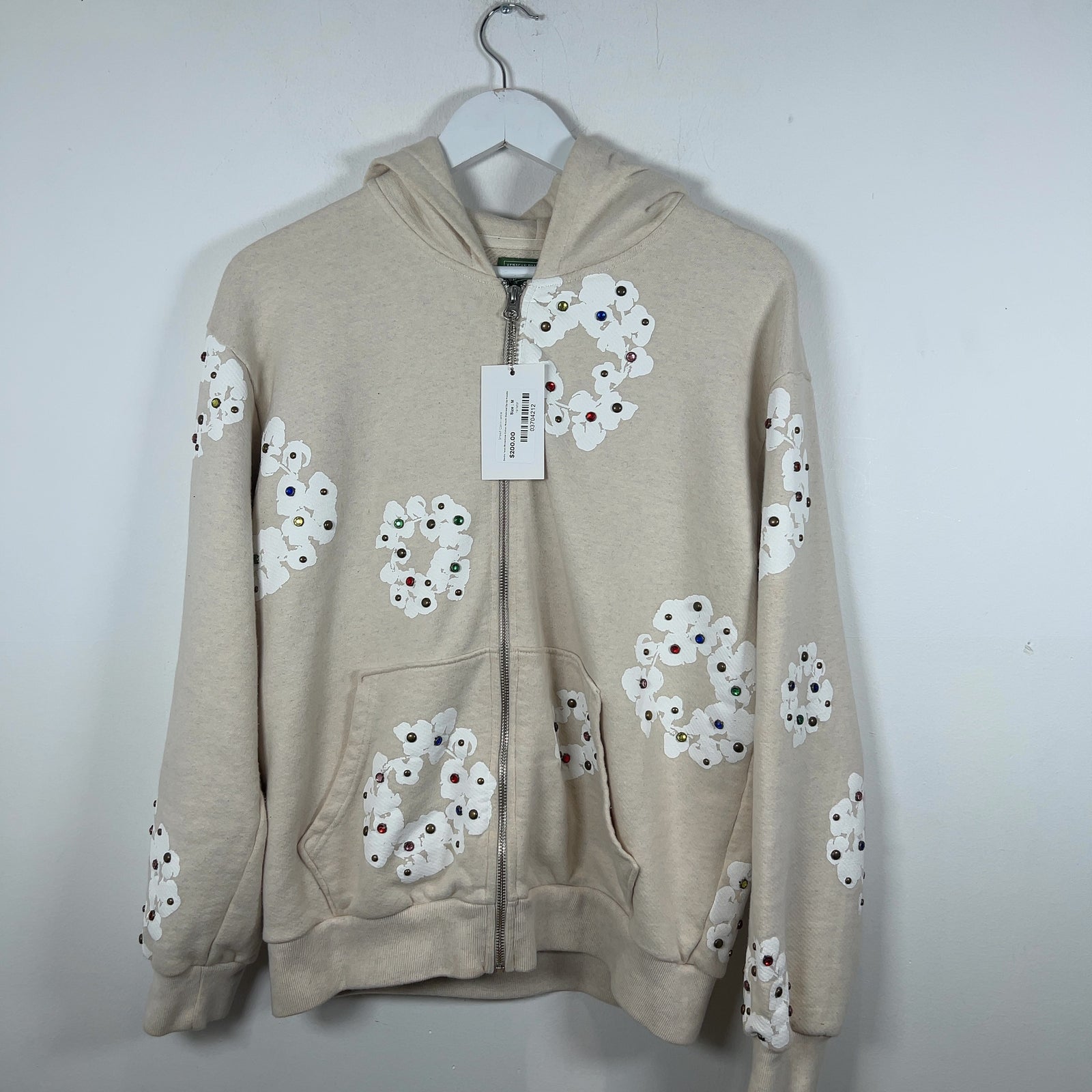 Denim Tears Rhinestone Cotton Wreath Oatmeal Zip Up Hoodie