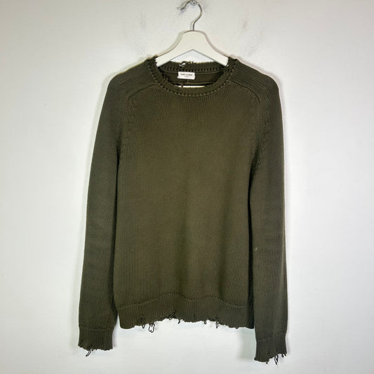Saint Laurent Olive Green Distressed Knit Sweater Size L