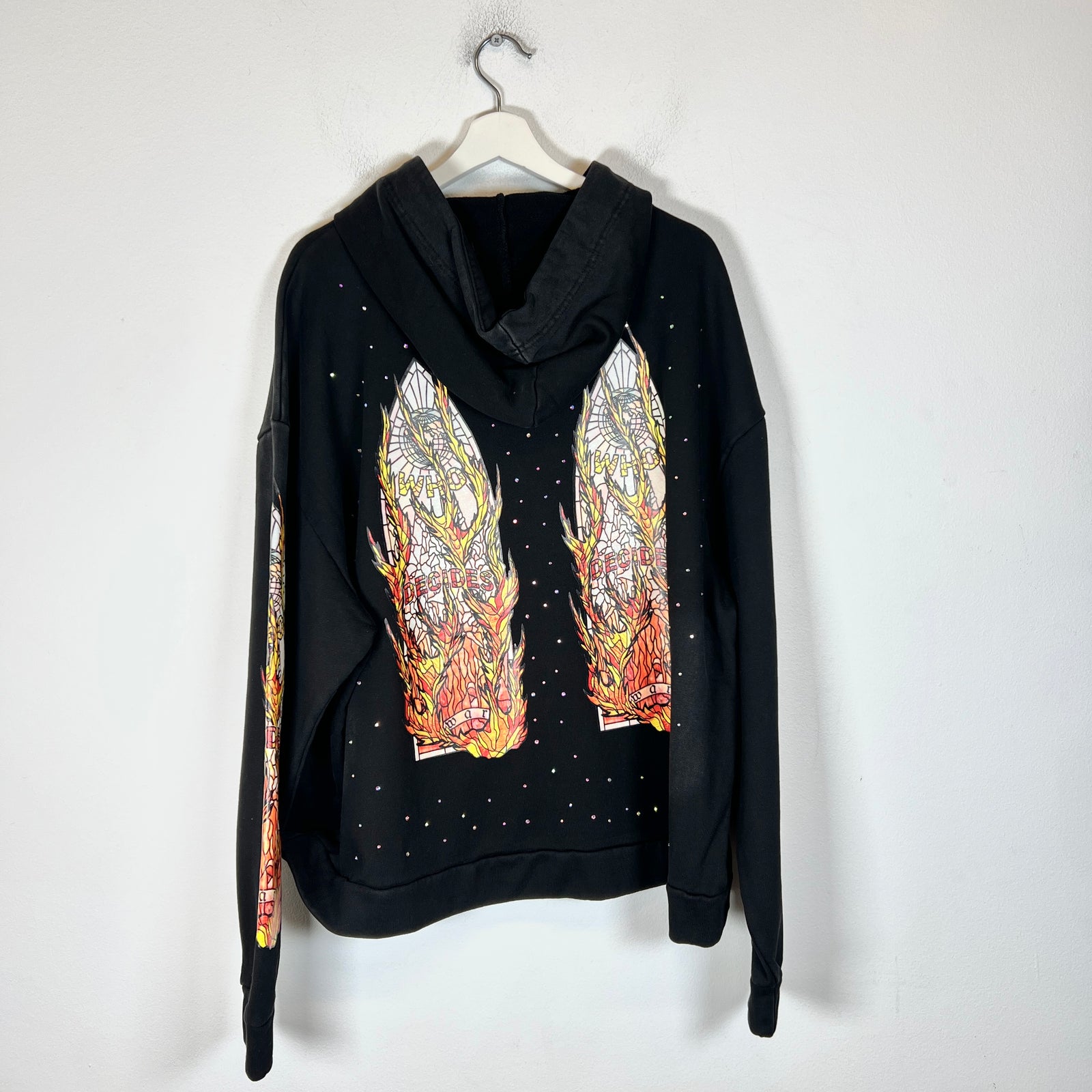 Who Decides War Black Flame Glass Rhinestone Hoodie Size L