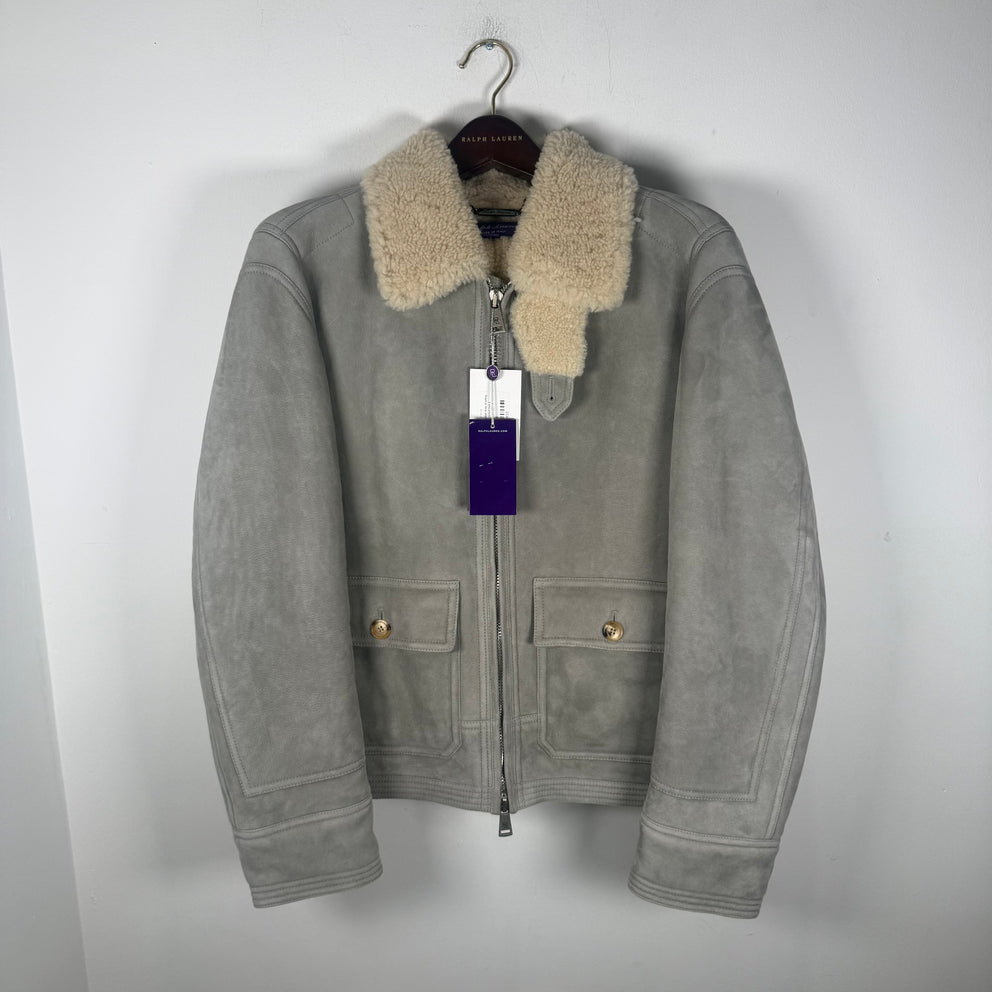Ralph Lauren Purple Label Grey Sherling Leather Bomber Jacket Size S