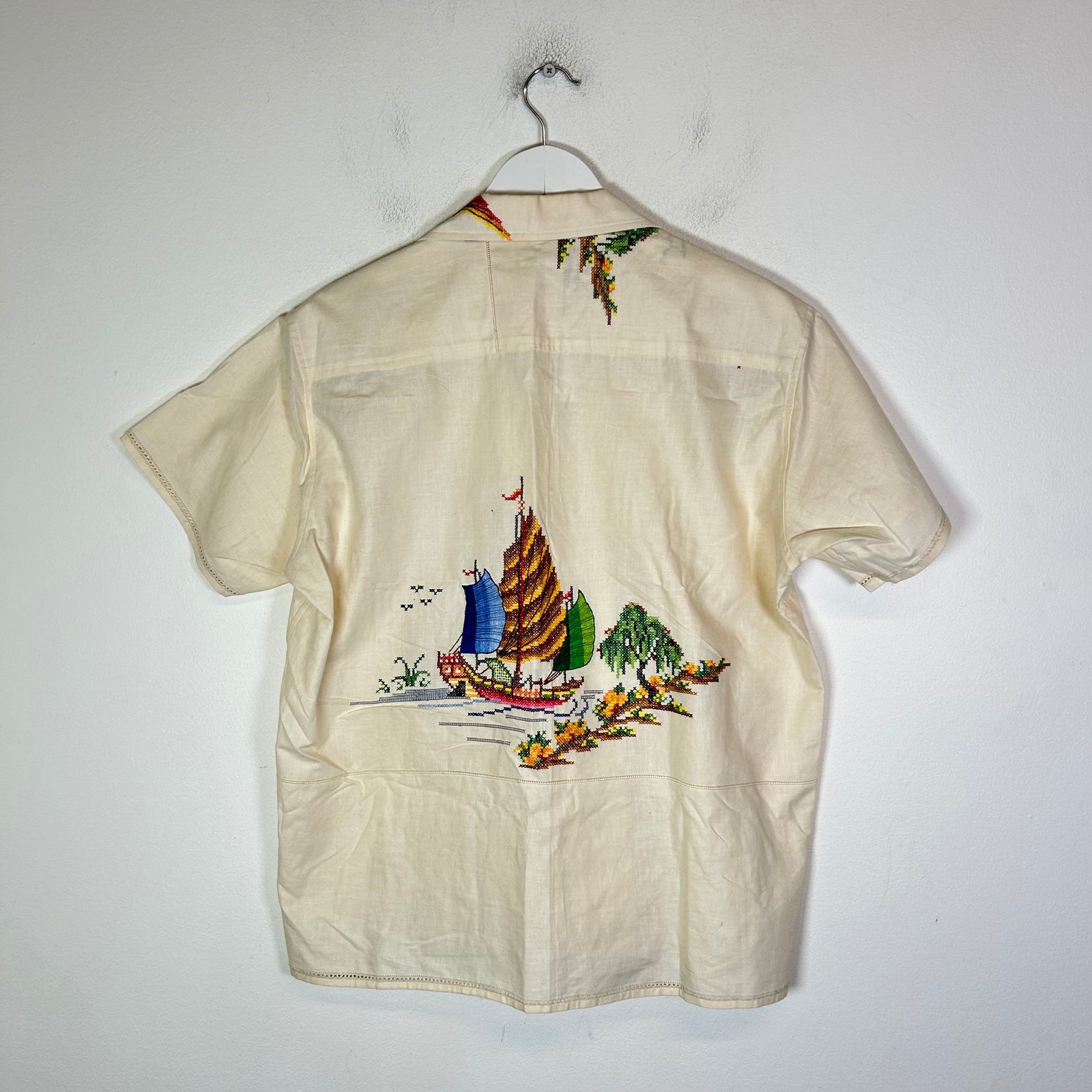 Bode Cream One Of A Kind Embroidered Button-Up Shirt Size M