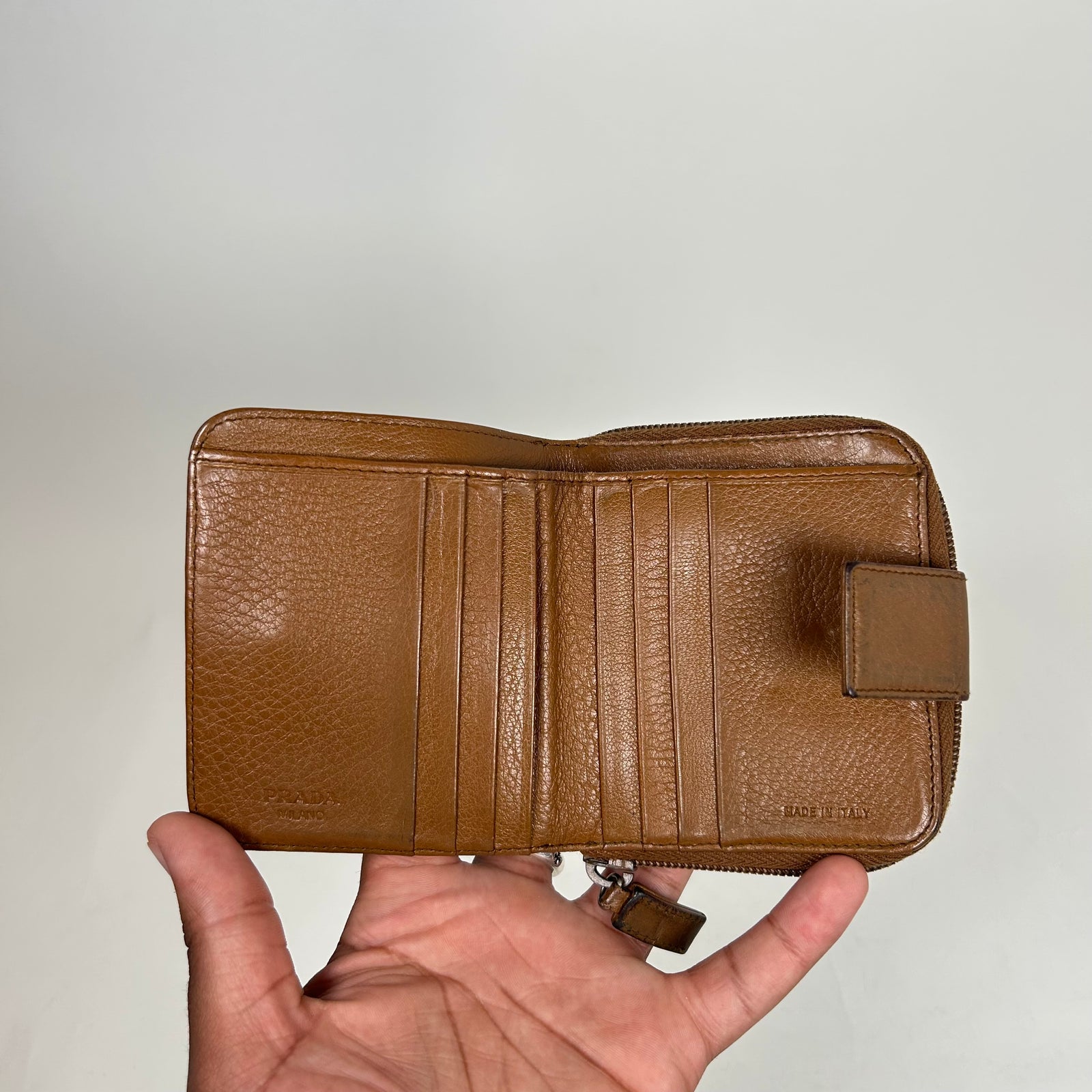 Prada Brown Leather Zip-Around Compact Wallet