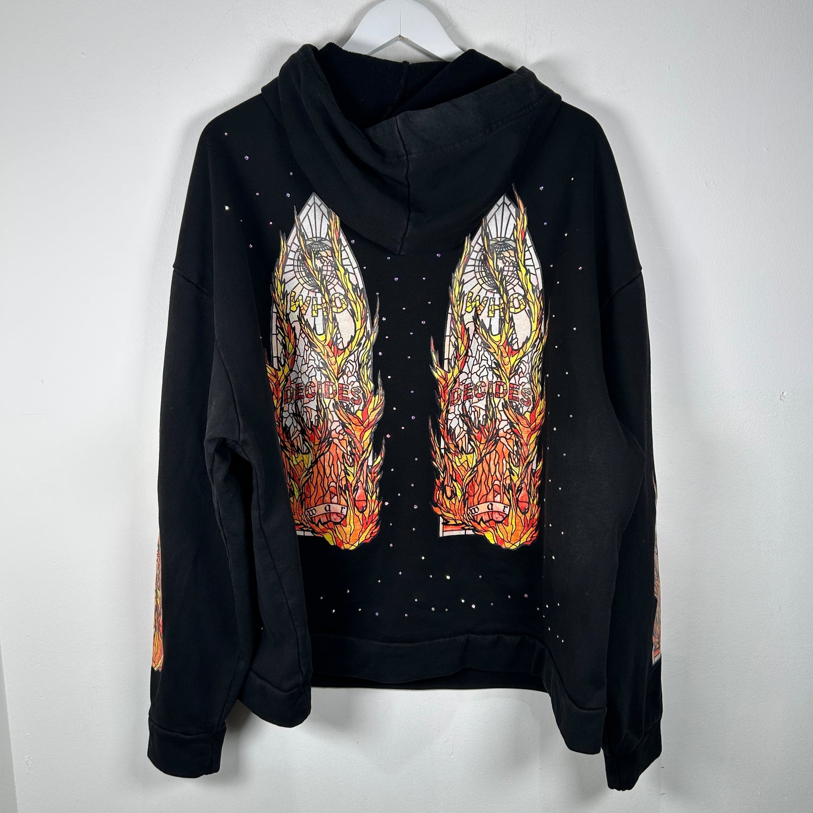 Who Decides War Flame Stained Glass Rhinestone Black Hoodie Size L