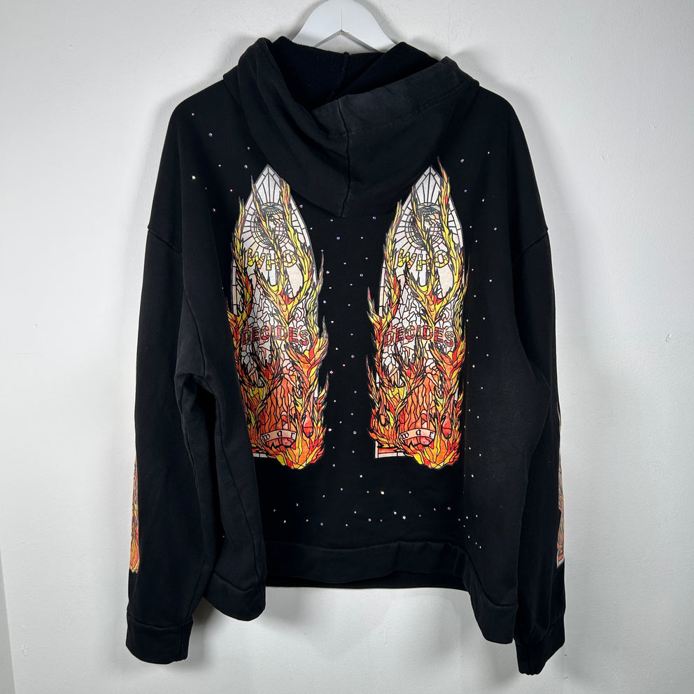 Who Decides War Flame Stained Glass Rhinestone Black Hoodie Size L