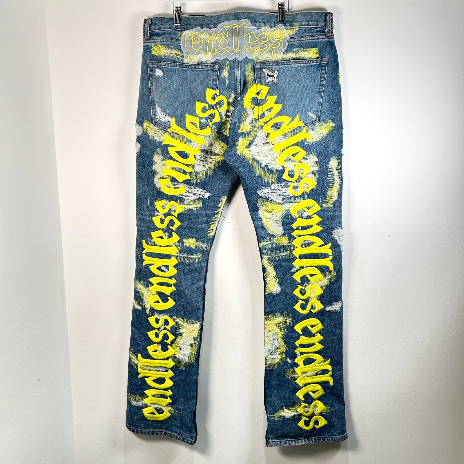 Endless Denim Distressed Scar Stitch Yellow Embroidery Jeans Size 40