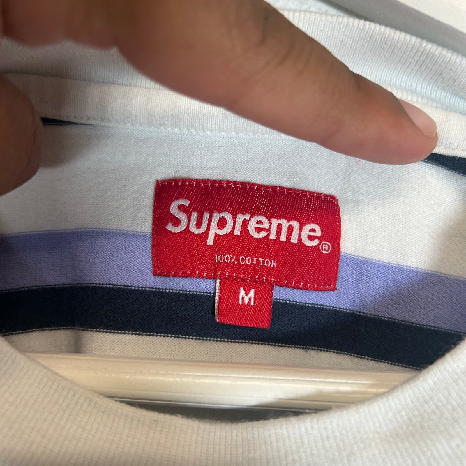 Supreme White/Blue Striped Logo T-Shirt Size M
