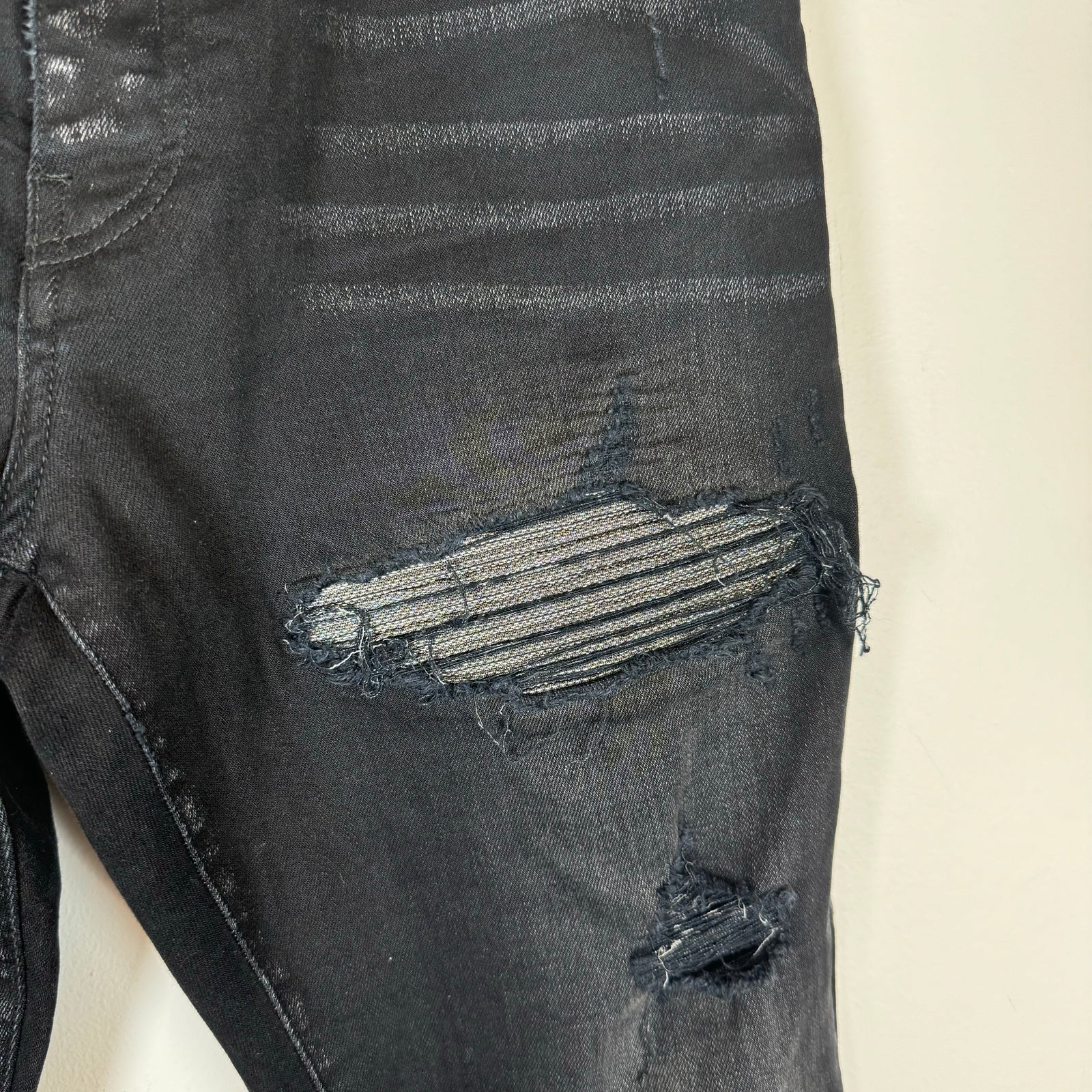 Amiri Black Glitter Patched Thrashed Jeans Size 36