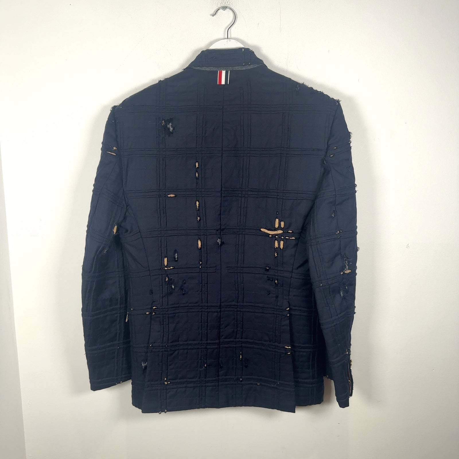 Thom Browne Tartan Check Embroidery Distressed Blazer