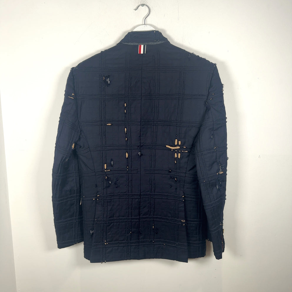 Thom Browne Tartan Check Embroidery Distressed Blazer