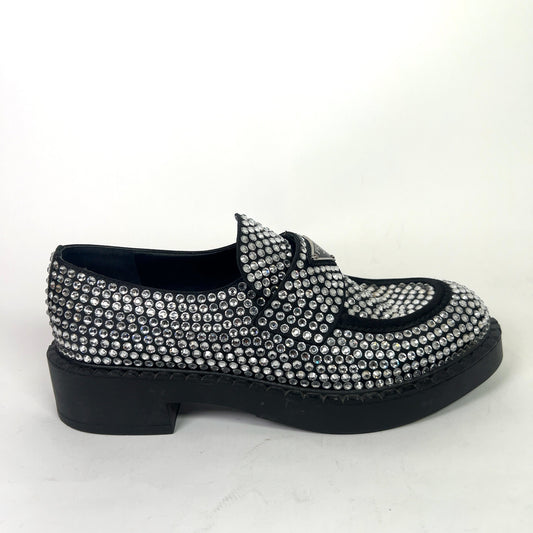 Prada Crystal Embellished Triangle Logo Loafers