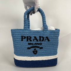 Prada Small Raffia Tweed Blue Tote Bag