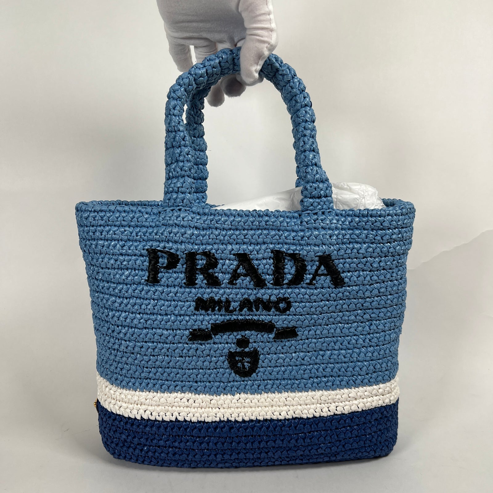Prada Small Raffia Tweed Blue Tote Bag