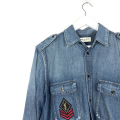 Saint Laurent FW17 Military Logo Patch Denim Button-Up T-Shirt