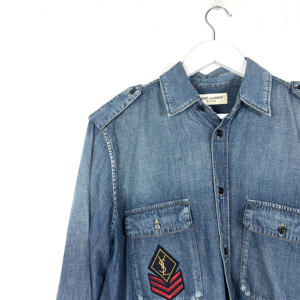 Saint Laurent FW17 Military Logo Patch Denim Button-Up T-Shirt