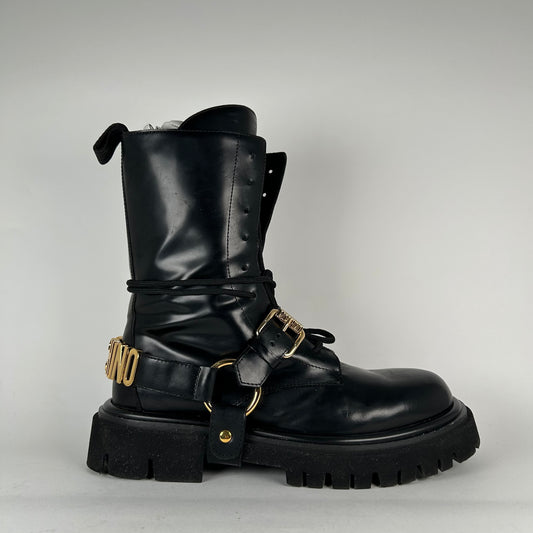 Moschino Logo Harnes Lug Sole Combat Boots Size 42