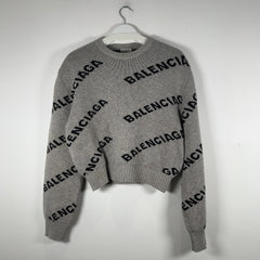 Balenciaga Wool Knit Grey All Over Logo Cropped Sweater Size M