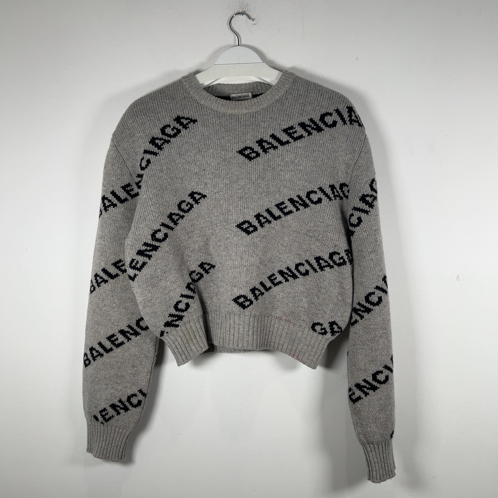 Balenciaga Wool Knit Grey All Over Logo Cropped Sweater Size M