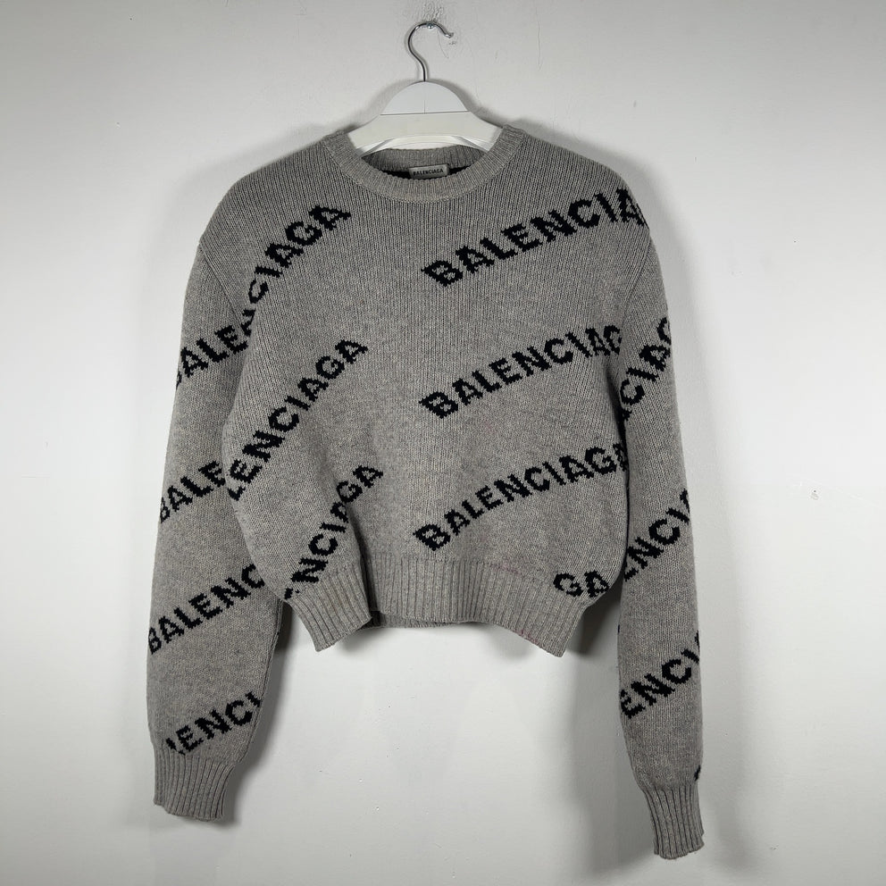 Balenciaga Wool Knit Grey All Over Logo Cropped Sweater Size M