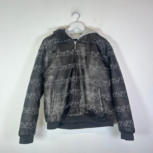 Sicko Black Leather Hooded Bomber Jacket Size L