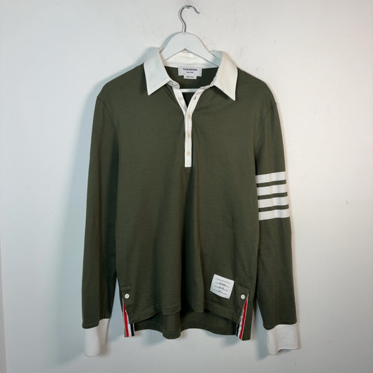 Thom Browne 4-Bar Button-Up Long-Sleeve Polo