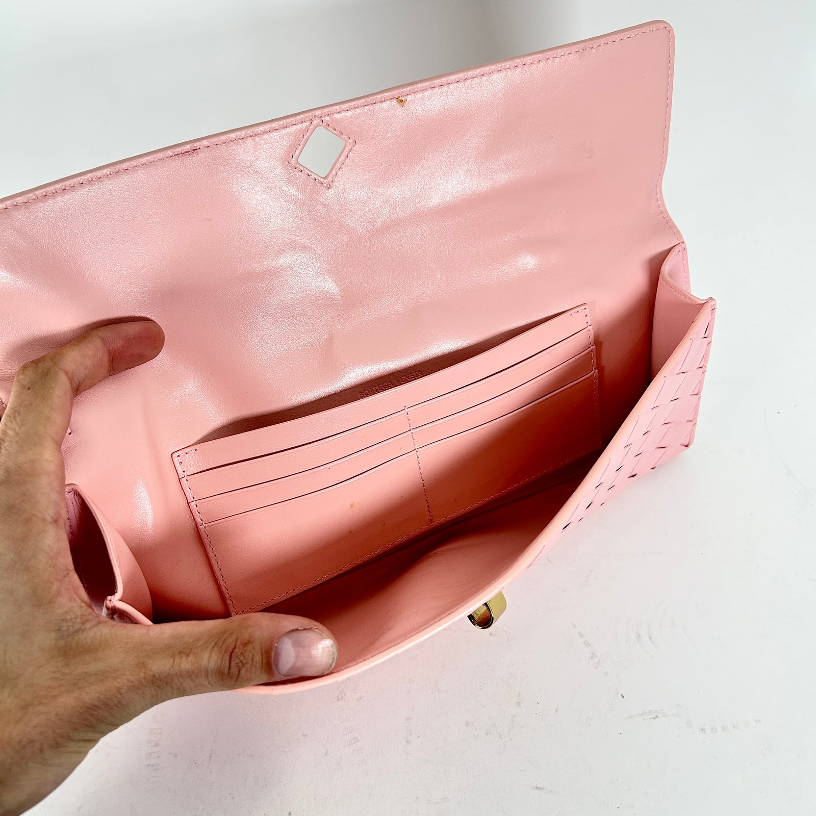 Bottega Veneta Pink Andiamo Intrecciato Leather Clutch