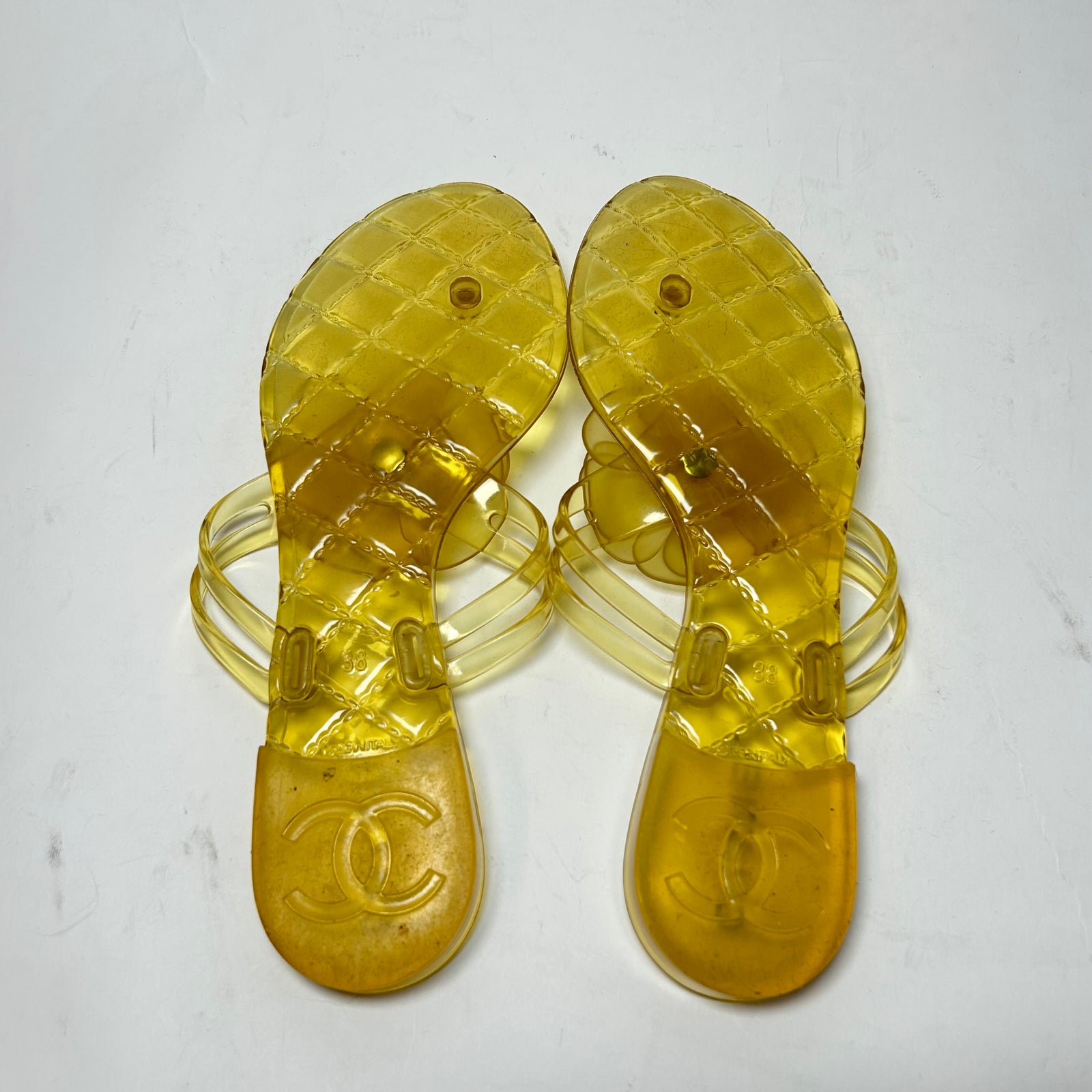 Chanel Yellow Camellia CC Jelly Sandals Size 38