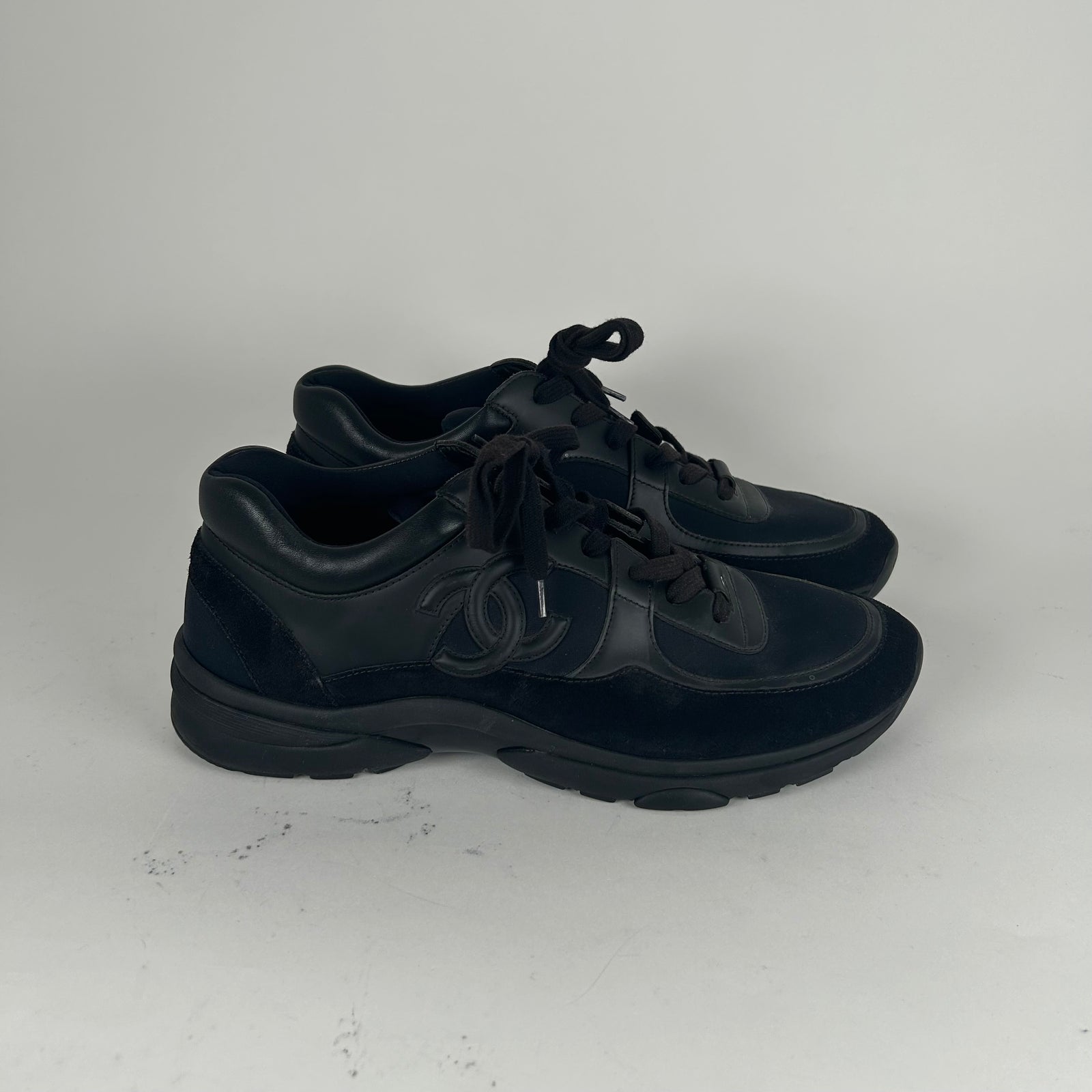 Chanel Triple Black Leather Trainers Size 11