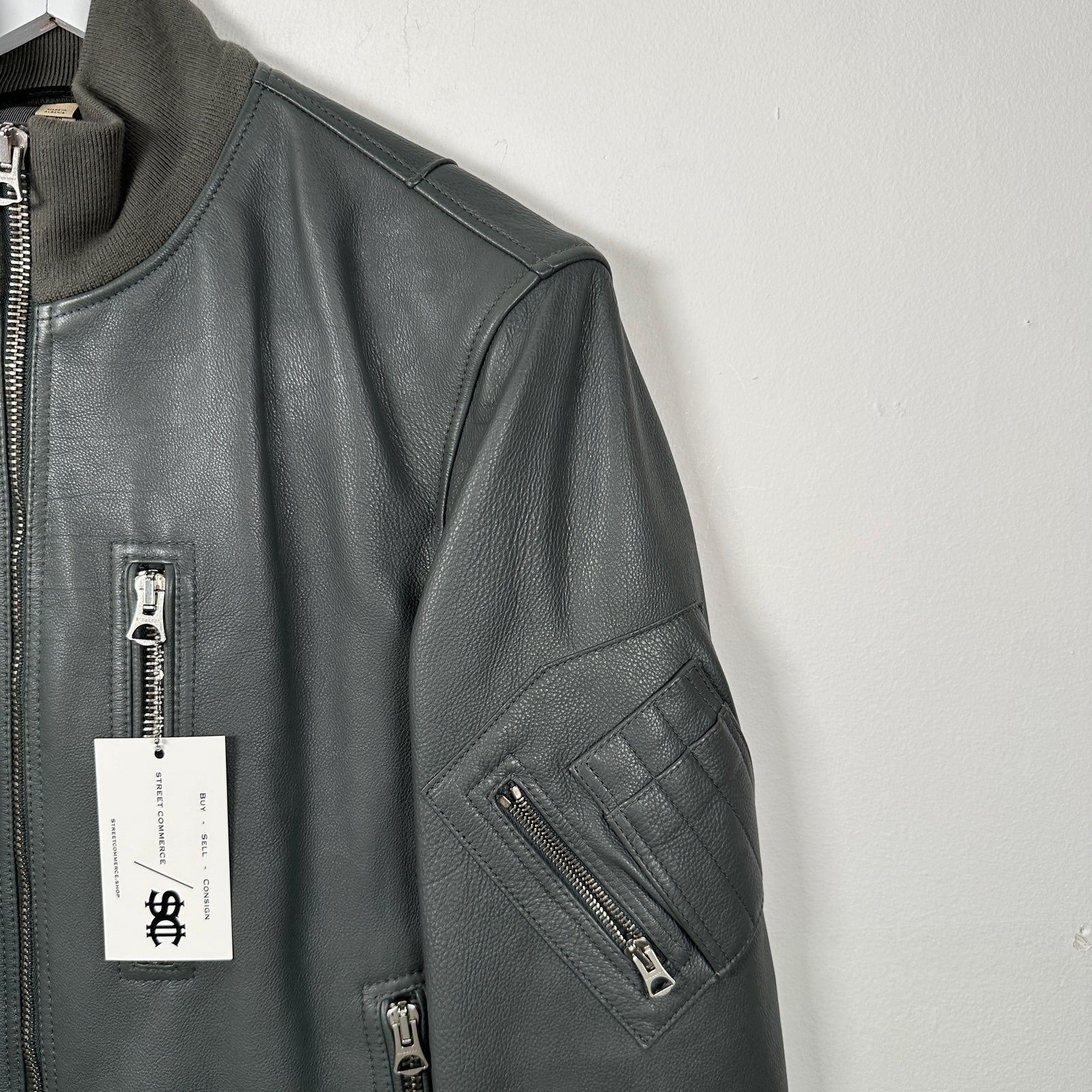 Burberry Dark Steel Leather Bomber Jacket Size 48