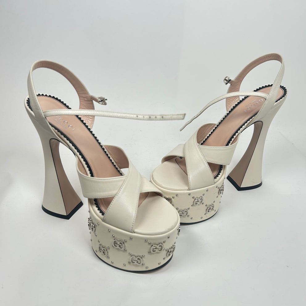 Gucci White Leather GG Studded Platform Sandals Size 38