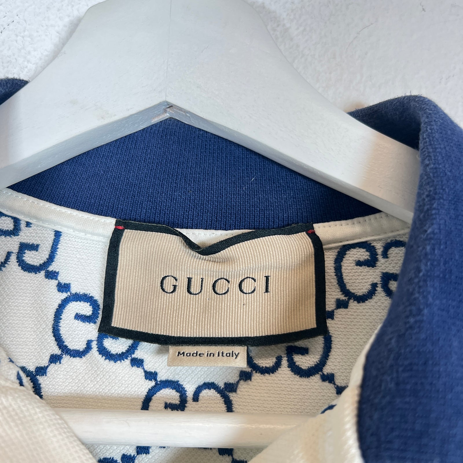 Gucci White/Blue Embroidered GG Polo Size L