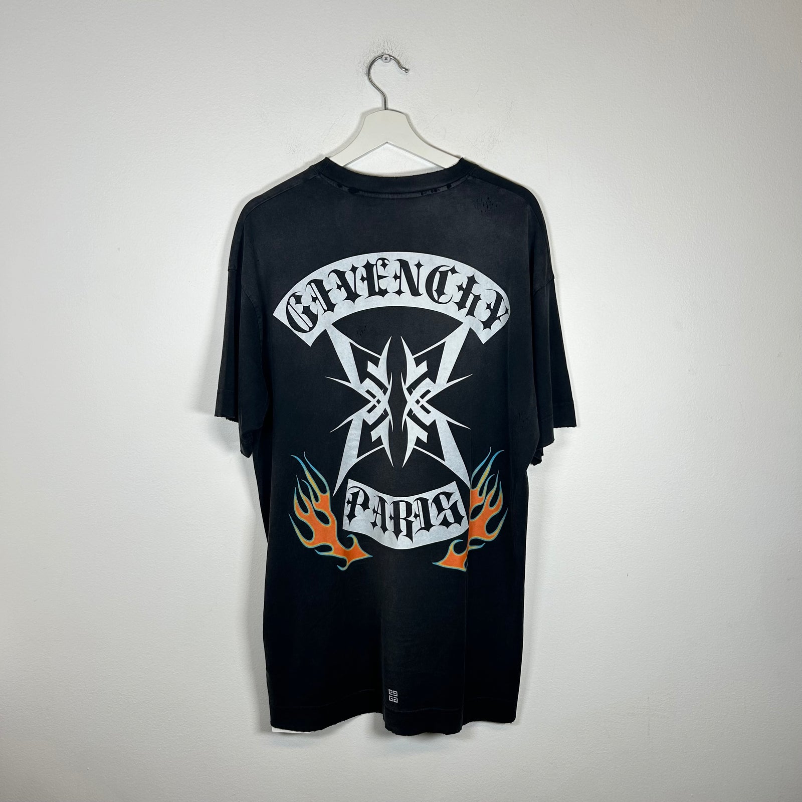 Givenchy Washed Grey Distressed Flames Logo Tee Size M