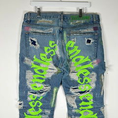 Endless Neon Green Embroidered Blue Denim Jeans Size 36