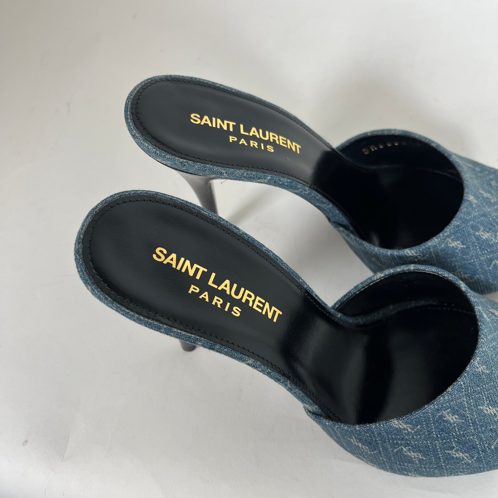 Saint Laurent La 16 Denim Logo Heels Size 37