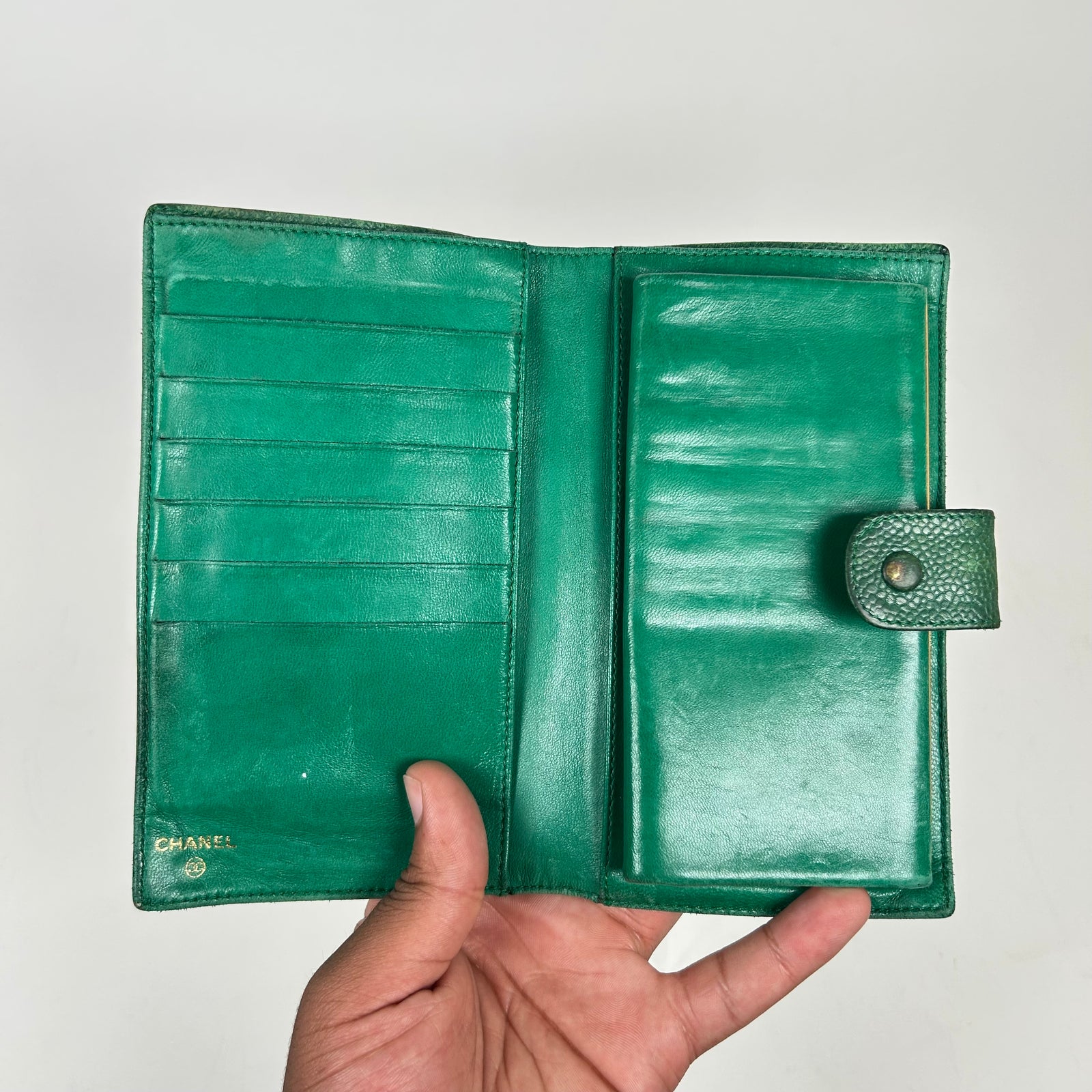 Chanel Green Pebbled Leather Bi-Fold Wallet