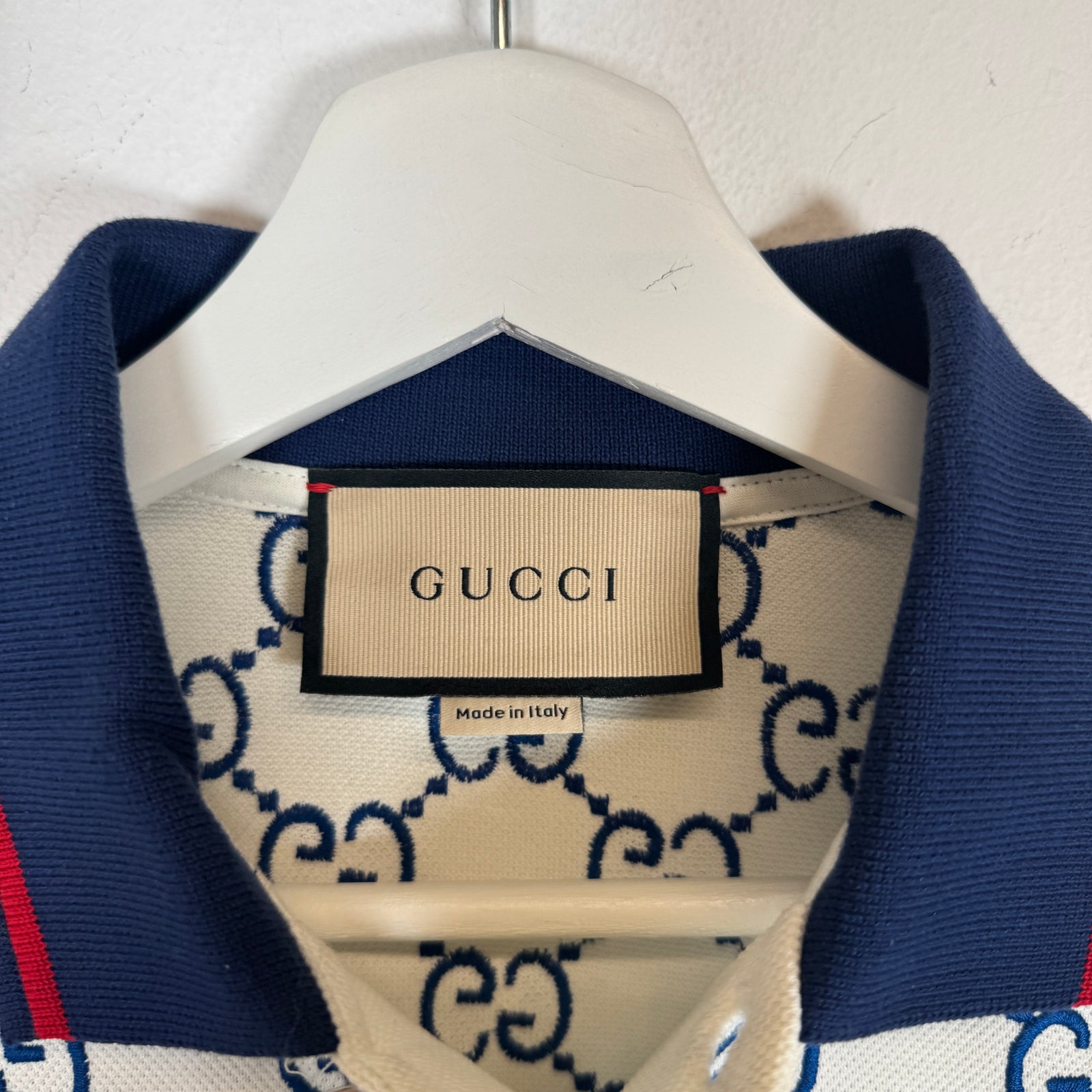 Gucci Cream/Blue Embroidered GG Polo Size XS