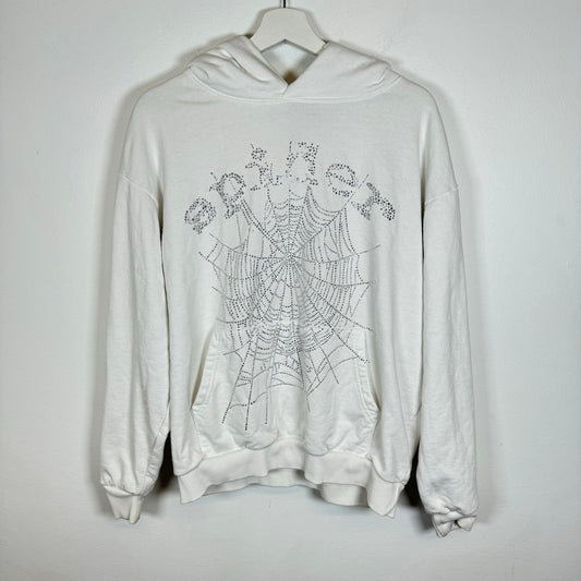 Sp5der White Rhinestone Hoodie Size M