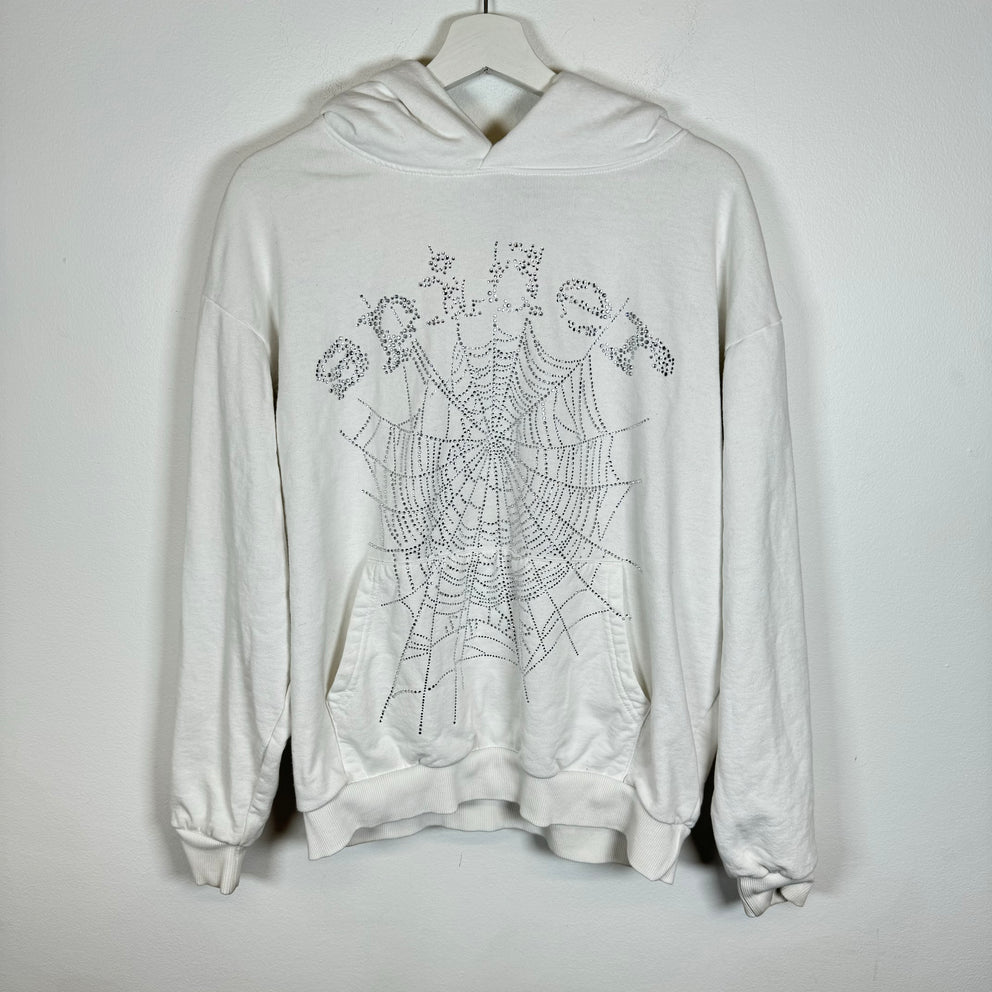 Sp5der White Rhinestone Hoodie Size M